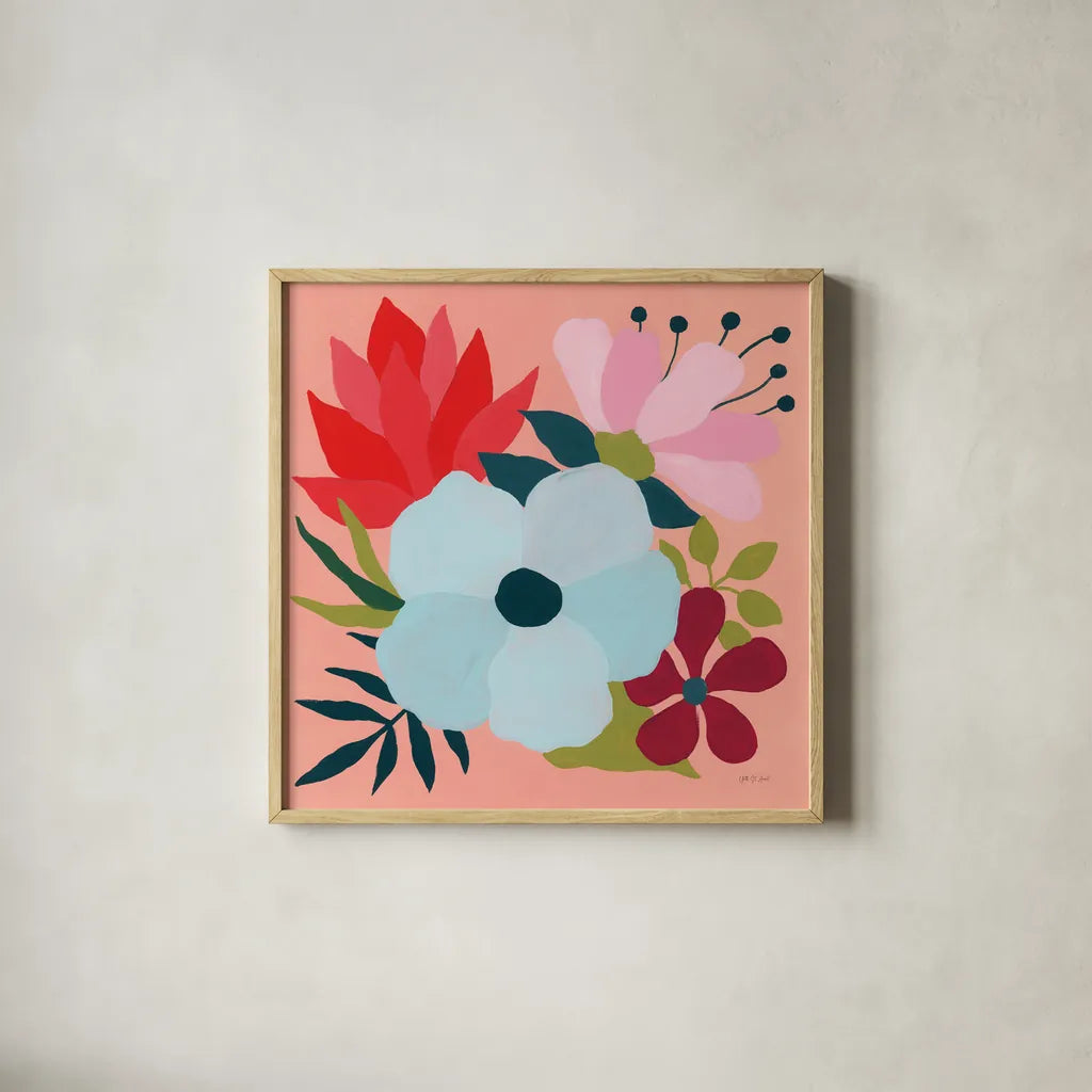 Pretty Florals I by Yvette St. Amant. Shown in a natural wood glass frame for a timeless modern aesthetic. Available as an archival giclee rolled canvas, fine art paper, or poster print. SKU 93231a.