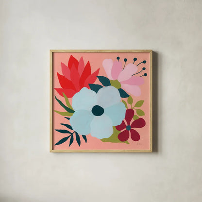 Pretty Florals I by Yvette St. Amant. Shown in a natural wood glass frame for a timeless modern aesthetic. Available as an archival giclee rolled canvas, fine art paper, or poster print. SKU 93231a.