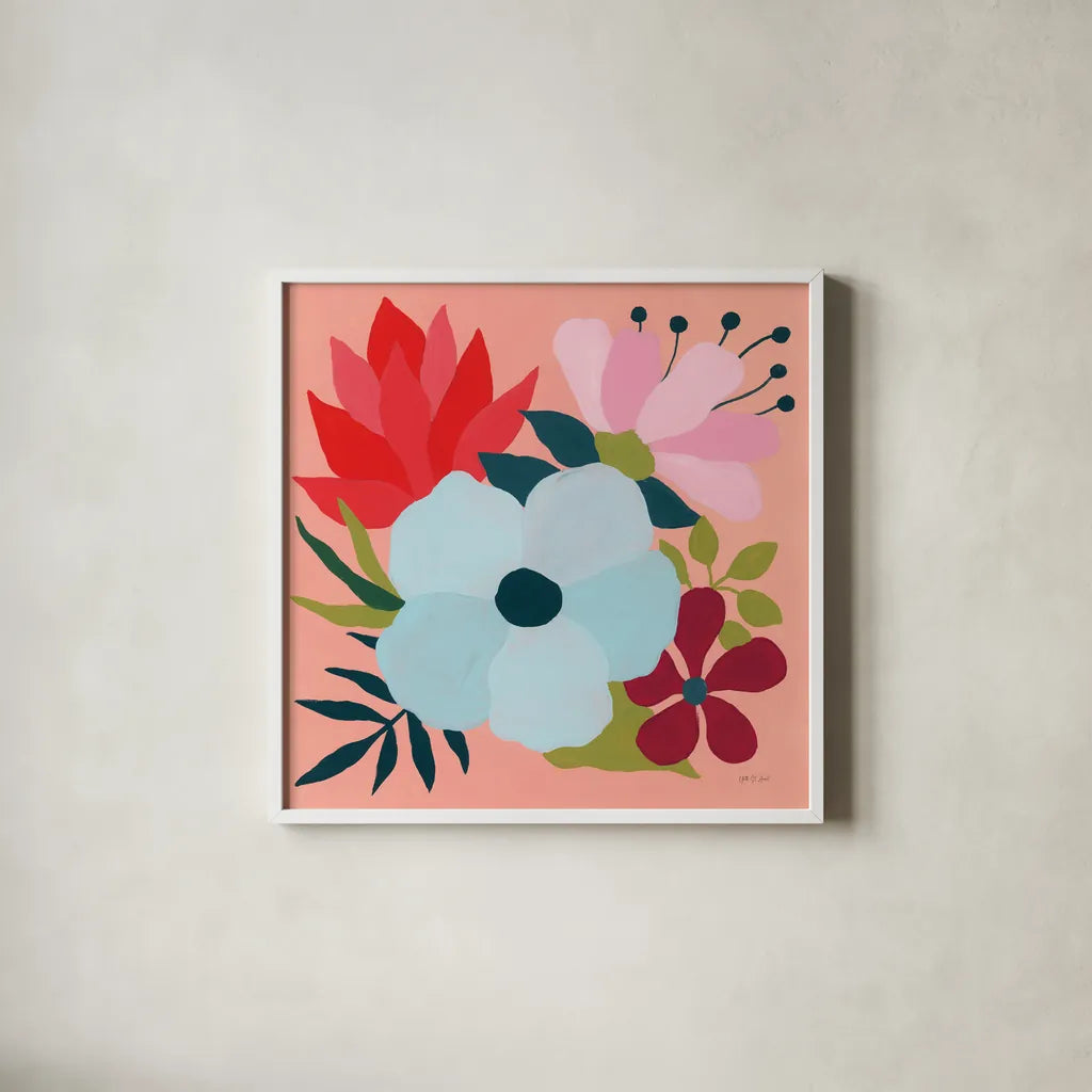 Pretty Florals I by Yvette St. Amant. Shown in a crisp white glass frame for a clean and minimalist style. Available as an archival giclee rolled canvas, fine art paper, or poster print. SKU 93231a.