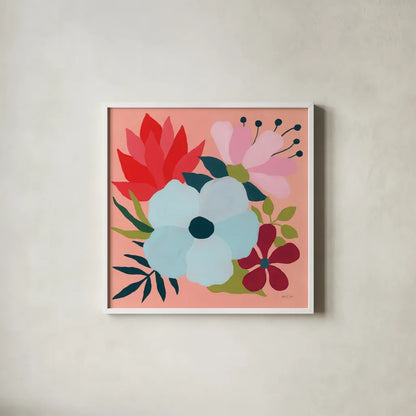 Pretty Florals I by Yvette St. Amant. Shown in a crisp white glass frame for a clean and minimalist style. Available as an archival giclee rolled canvas, fine art paper, or poster print. SKU 93231a.