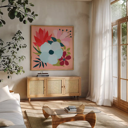Pretty Florals I by Yvette St. Amant. Shown in a natural wood frame in a cozy modern living room. Available as an archival giclee rolled canvas, fine art paper, or poster print. SKU 93231a.