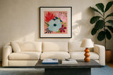 Pretty Florals I by Yvette St. Amant. Displayed in a glass frame with matte in a clean modern living room. Available as an archival giclee rolled canvas, fine art paper, or poster print. SKU 93231a.