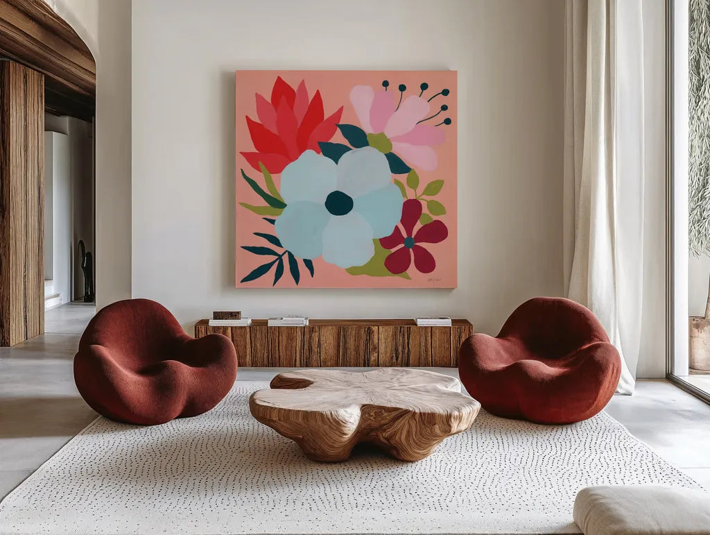 Pretty Florals I by Yvette St. Amant. Shown as extra-large giant wall art in a modern living room. Available as an archival giclee rolled canvas, fine art paper, or poster print. SKU 93231a.