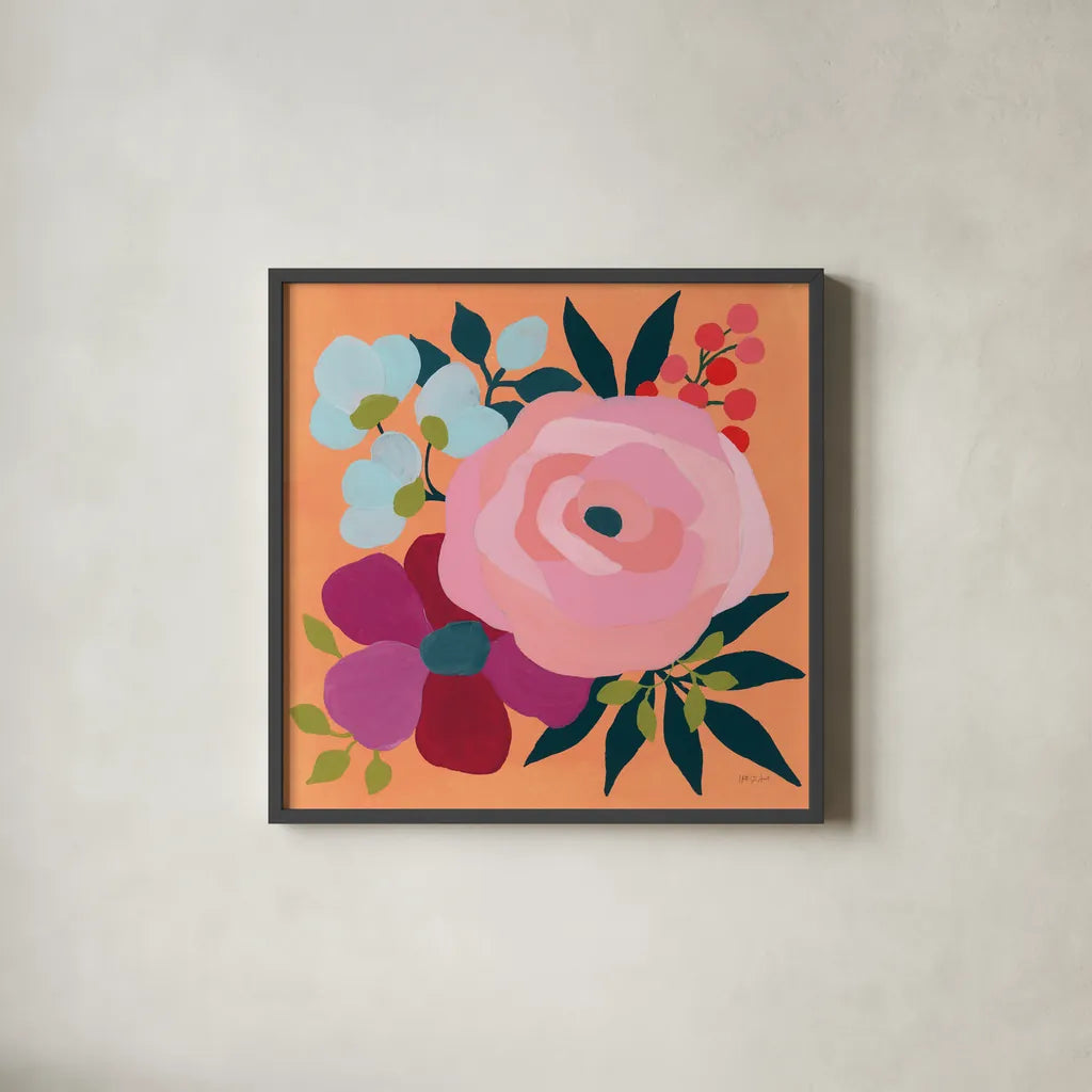 Pretty Florals II by Yvette St. Amant. Shown in a sleek black glass frame for a contemporary gallery look. Available as an archival giclee rolled canvas, fine art paper, or poster print. SKU 93232a.