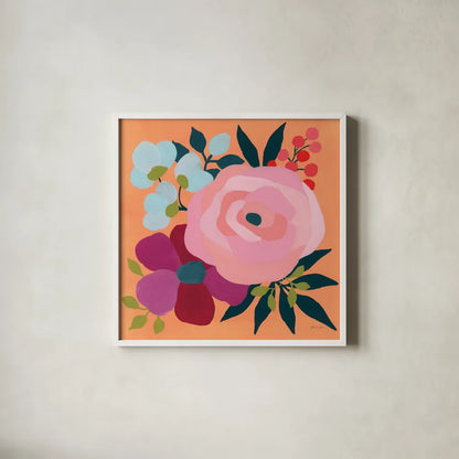 Pretty Florals II by Yvette St. Amant. Shown in a crisp white glass frame for a clean and minimalist style. Available as an archival giclee rolled canvas, fine art paper, or poster print. SKU 93232a.