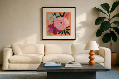 Pretty Florals II by Yvette St. Amant. Displayed in a glass frame with matte in a clean modern living room. Available as an archival giclee rolled canvas, fine art paper, or poster print. SKU 93232a.