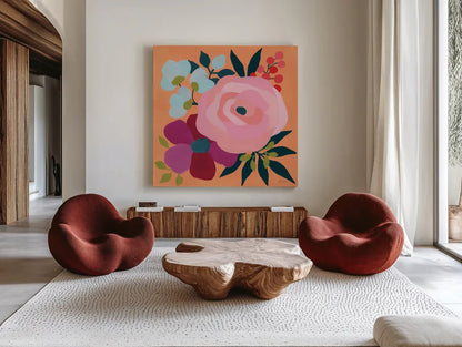Pretty Florals II by Yvette St. Amant. Shown as extra-large giant wall art in a modern living room. Available as an archival giclee rolled canvas, fine art paper, or poster print. SKU 93232a.