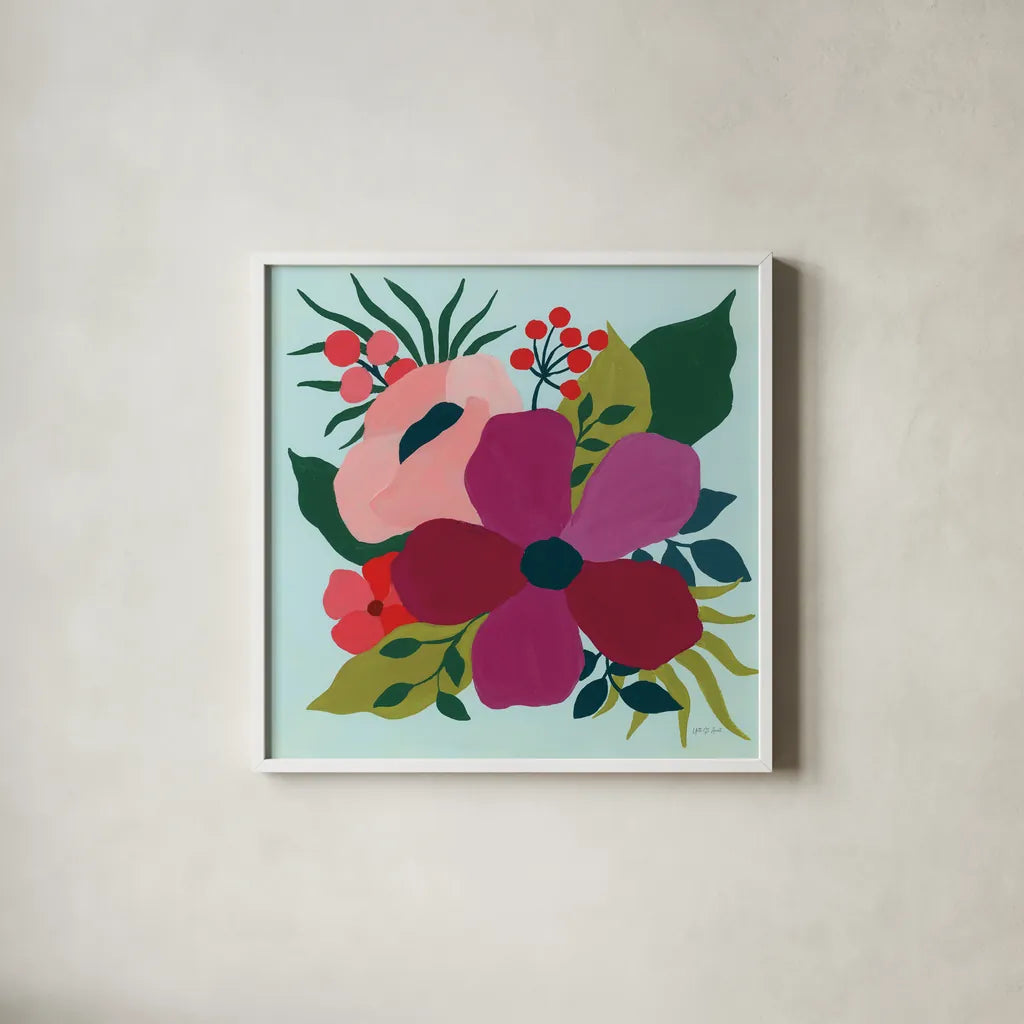 Pretty Florals III by Yvette St. Amant. Shown in a crisp white glass frame for a clean and minimalist style. Available as an archival giclee rolled canvas, fine art paper, or poster print. SKU 93233a.