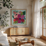 Pretty Florals III by Yvette St. Amant. Shown in a natural wood frame in a cozy modern living room. Available as an archival giclee rolled canvas, fine art paper, or poster print. SKU 93233a.