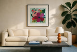 Pretty Florals III by Yvette St. Amant. Displayed in a glass frame with matte in a clean modern living room. Available as an archival giclee rolled canvas, fine art paper, or poster print. SKU 93233a.