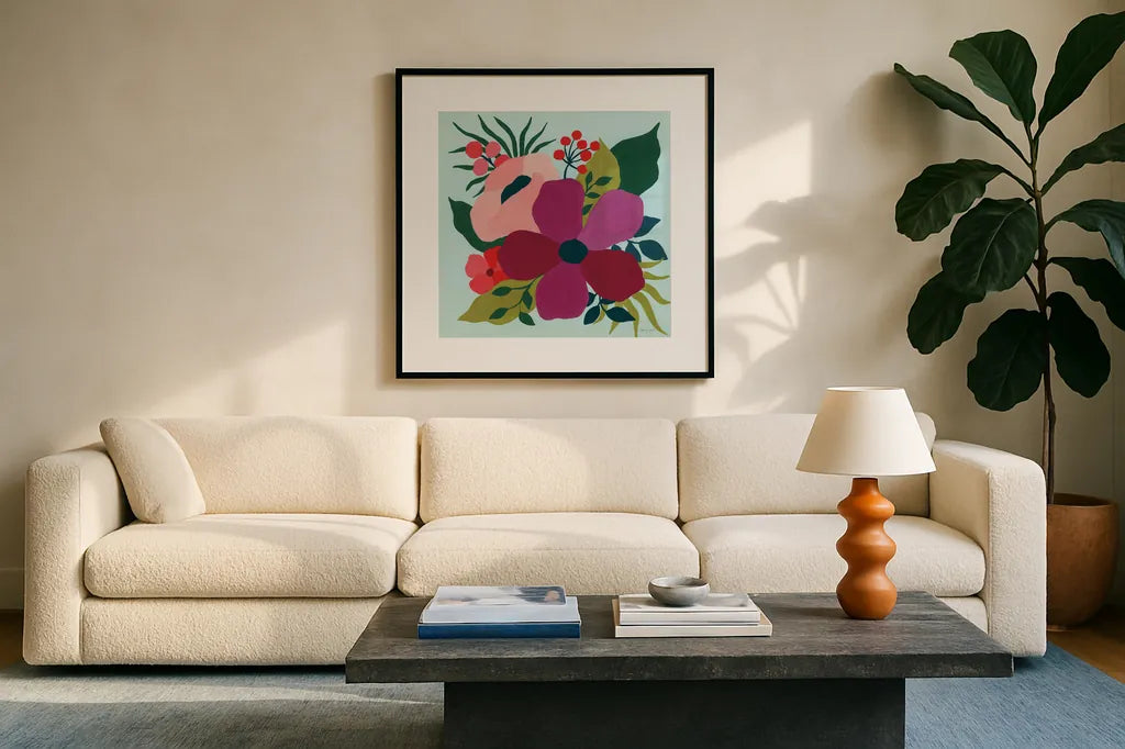 Pretty Florals III by Yvette St. Amant. Displayed in a glass frame with matte in a clean modern living room. Available as an archival giclee rolled canvas, fine art paper, or poster print. SKU 93233a.