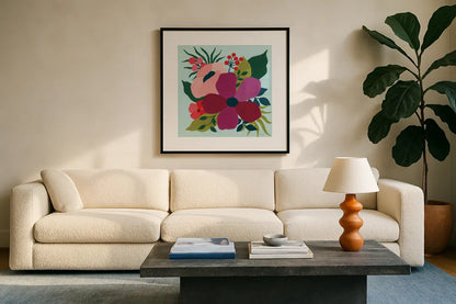 Pretty Florals III by Yvette St. Amant. Displayed in a glass frame with matte in a clean modern living room. Available as an archival giclee rolled canvas, fine art paper, or poster print. SKU 93233a.