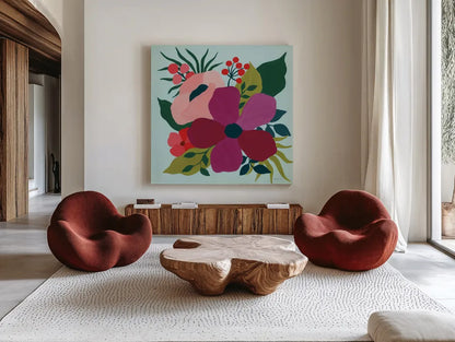 Pretty Florals III by Yvette St. Amant. Shown as extra-large giant wall art in a modern living room. Available as an archival giclee rolled canvas, fine art paper, or poster print. SKU 93233a.