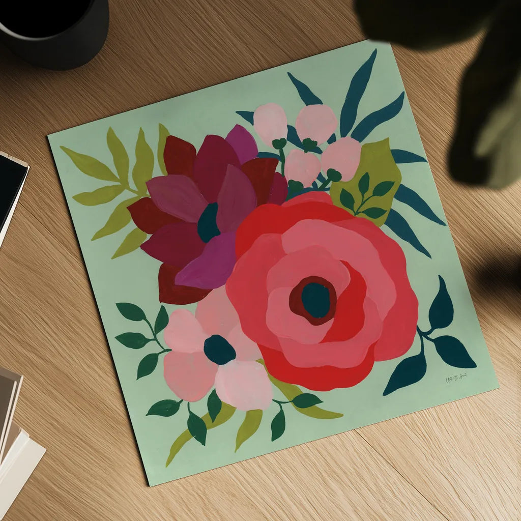 Pretty Florals IV by Yvette St. Amant. Shown as a detailed flat fine art print, highlighting archival giclee quality. Available as an archival giclee rolled canvas, fine art paper, or poster print. SKU 93234a.
