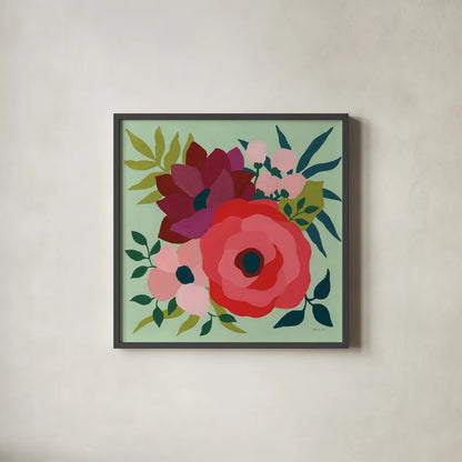 Pretty Florals IV by Yvette St. Amant. Shown in a sleek black glass frame for a contemporary gallery look. Available as an archival giclee rolled canvas, fine art paper, or poster print. SKU 93234a.
