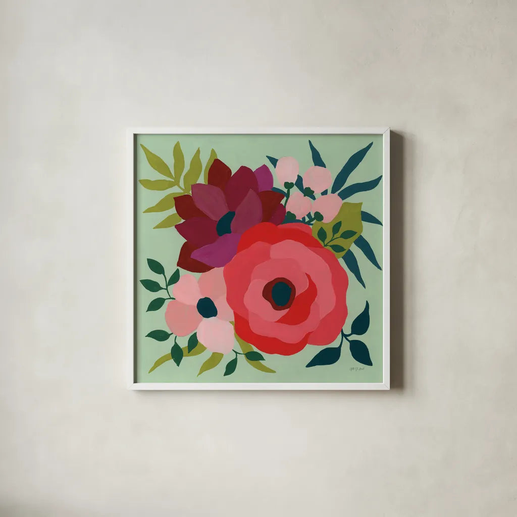 Pretty Florals IV by Yvette St. Amant. Shown in a crisp white glass frame for a clean and minimalist style. Available as an archival giclee rolled canvas, fine art paper, or poster print. SKU 93234a.