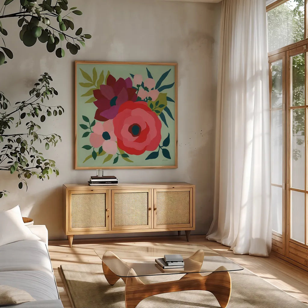 Pretty Florals IV by Yvette St. Amant. Shown in a natural wood frame in a cozy modern living room. Available as an archival giclee rolled canvas, fine art paper, or poster print. SKU 93234a.