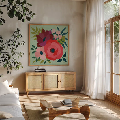 Pretty Florals IV by Yvette St. Amant. Shown in a natural wood frame in a cozy modern living room. Available as an archival giclee rolled canvas, fine art paper, or poster print. SKU 93234a.