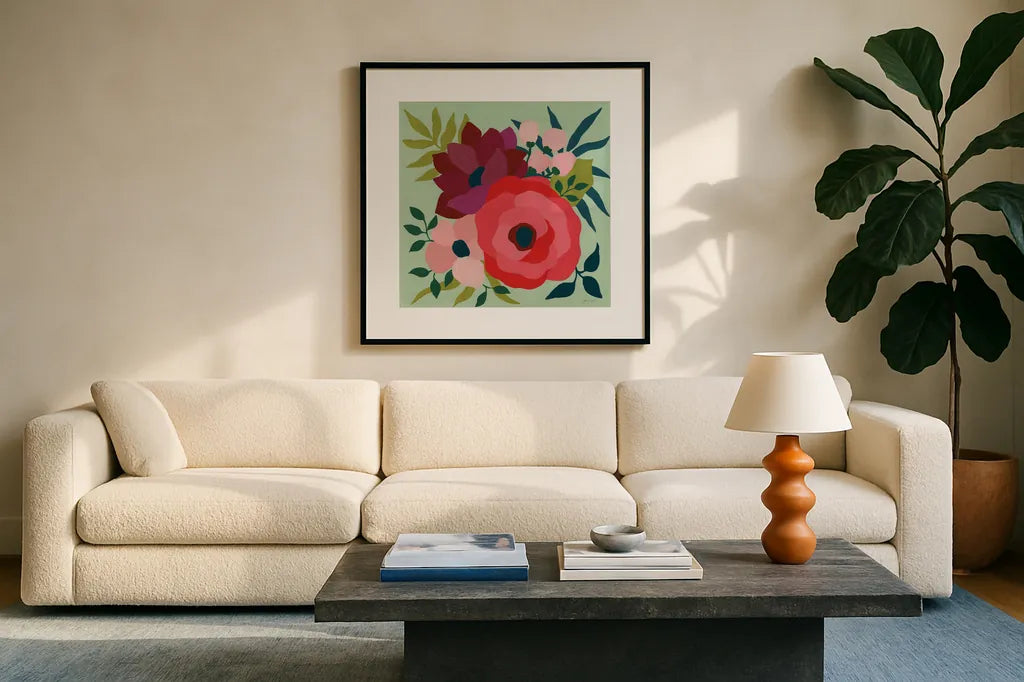 Pretty Florals IV by Yvette St. Amant. Displayed in a glass frame with matte in a clean modern living room. Available as an archival giclee rolled canvas, fine art paper, or poster print. SKU 93234a.
