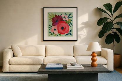Pretty Florals IV by Yvette St. Amant. Displayed in a glass frame with matte in a clean modern living room. Available as an archival giclee rolled canvas, fine art paper, or poster print. SKU 93234a.