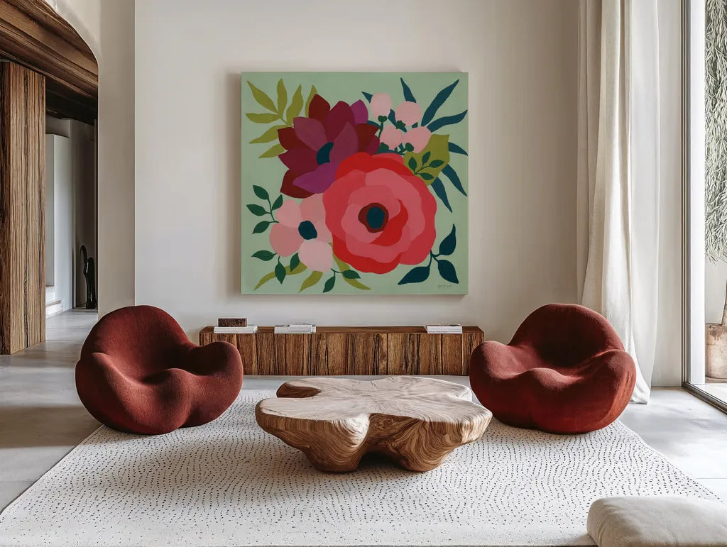 Pretty Florals IV by Yvette St. Amant. Shown as extra-large giant wall art in a modern living room. Available as an archival giclee rolled canvas, fine art paper, or poster print. SKU 93234a.