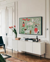 Puppy It's Cold Outside I by Yvette St. Amant. shown as a framed stretched canvas in a living room above a console. Available as a archival giclee rolled canvas, fine art paper, or poster print. SKU 97557i.