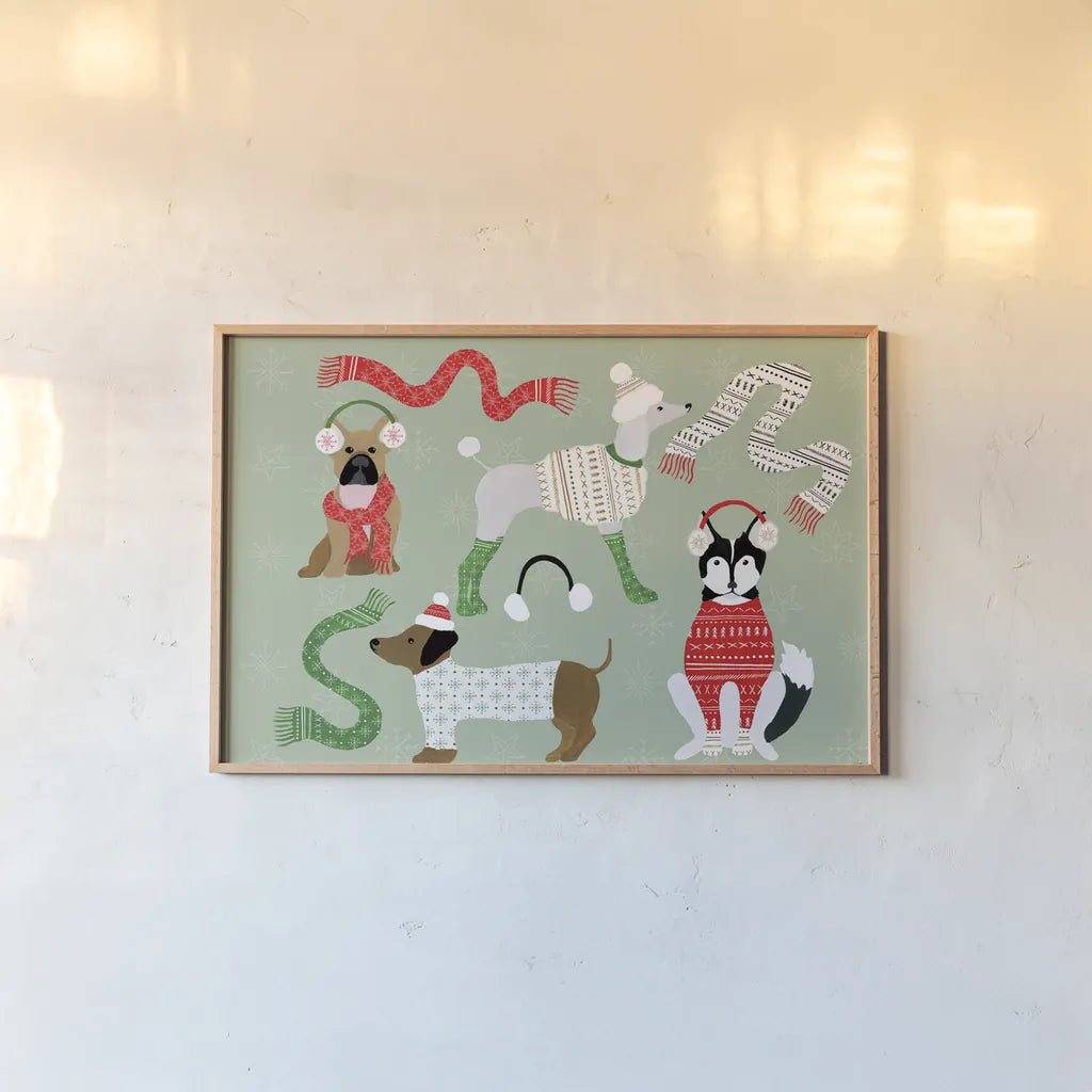 Puppy It's Cold Outside I by Yvette St. Amant. shown as a paper print in a natural frame. Available as a archival giclee rolled canvas, fine art paper, or poster print. SKU 97557i.