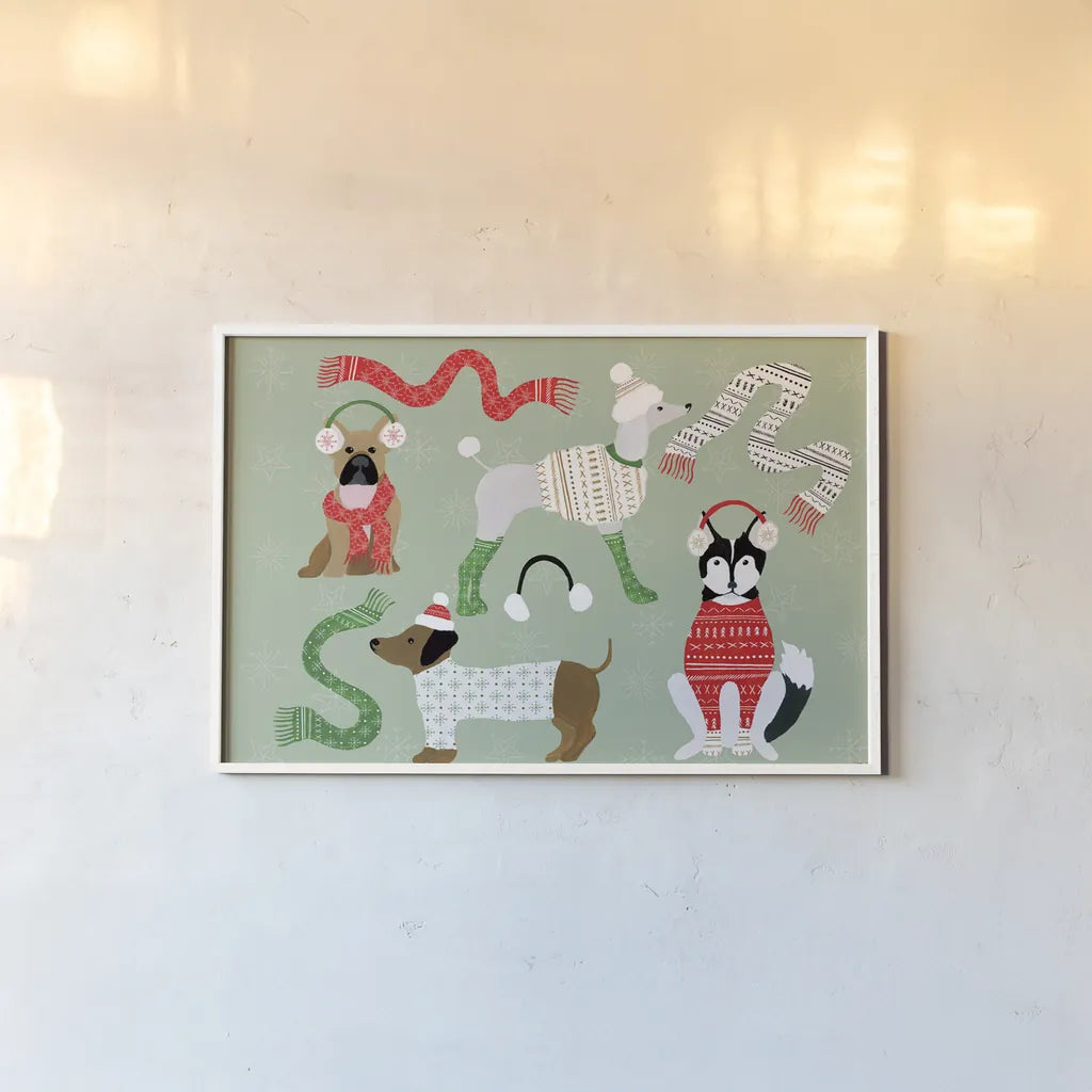 Puppy It's Cold Outside I by Yvette St. Amant. shown as a paper print in a white frame. Available as a archival giclee rolled canvas, fine art paper, or poster print. SKU 97557i.