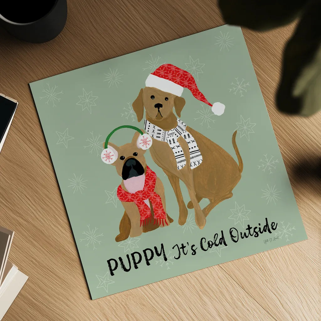 Puppy It's Cold Outside II by Yvette St. Amant. Shown as a detailed flat fine art print, highlighting archival giclee quality. Available as an archival giclee rolled canvas, fine art paper, or poster print. SKU 97558a.