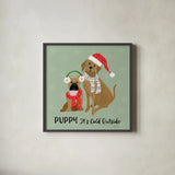 Puppy It's Cold Outside II by Yvette St. Amant. Shown in a sleek black glass frame for a contemporary gallery look. Available as an archival giclee rolled canvas, fine art paper, or poster print. SKU 97558a.