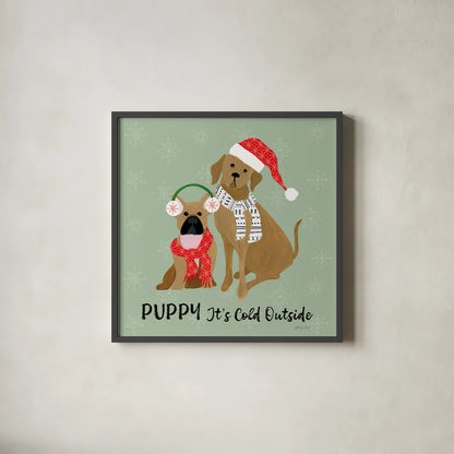 Puppy It's Cold Outside II by Yvette St. Amant. Shown in a sleek black glass frame for a contemporary gallery look. Available as an archival giclee rolled canvas, fine art paper, or poster print. SKU 97558a.