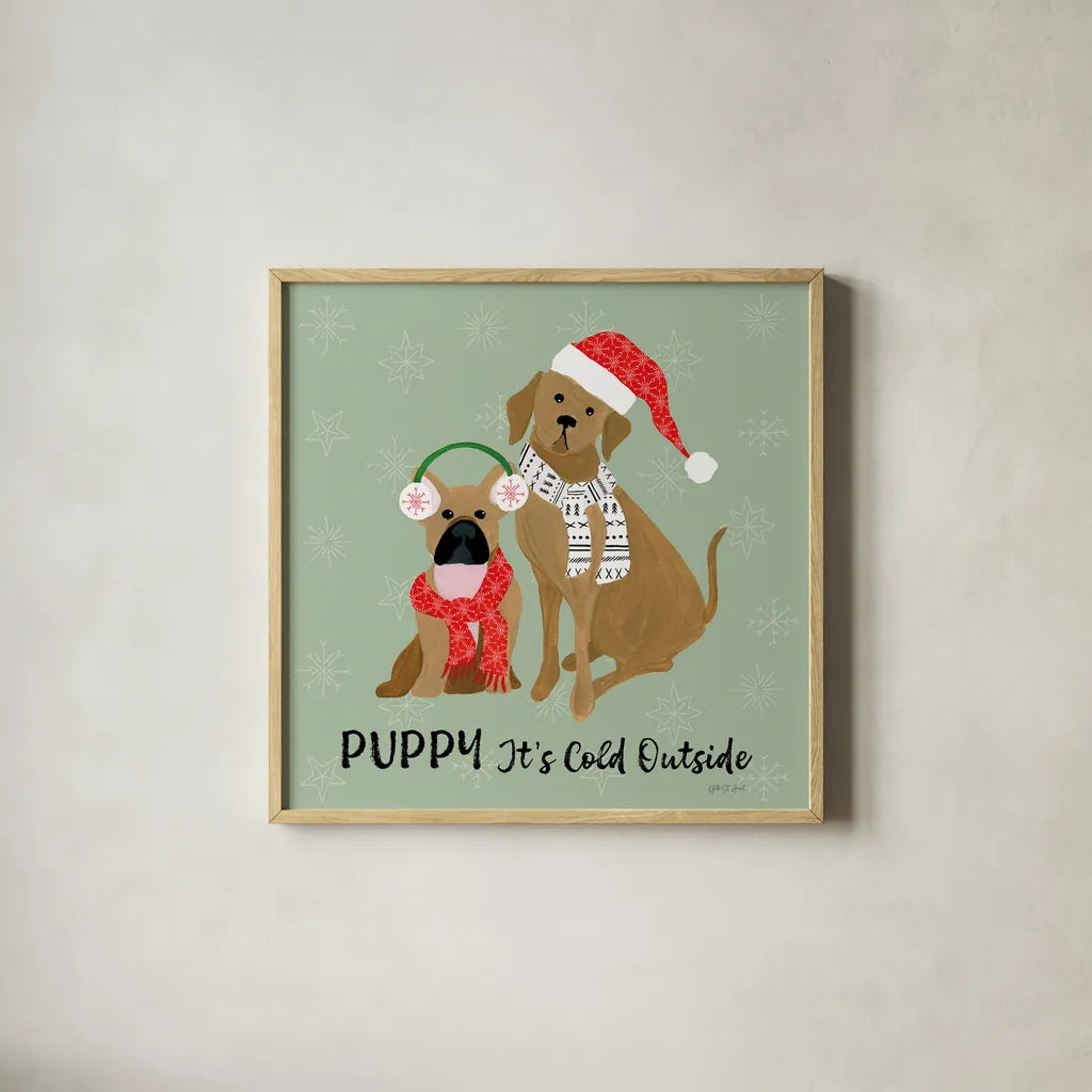 Puppy It's Cold Outside II by Yvette St. Amant. Shown in a natural wood glass frame for a timeless modern aesthetic. Available as an archival giclee rolled canvas, fine art paper, or poster print. SKU 97558a.