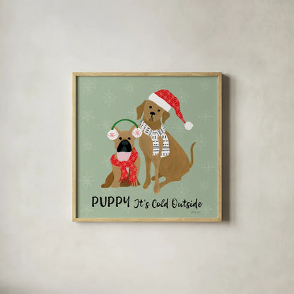 Puppy It's Cold Outside II by Yvette St. Amant. Shown in a natural wood glass frame for a timeless modern aesthetic. Available as an archival giclee rolled canvas, fine art paper, or poster print. SKU 97558a.