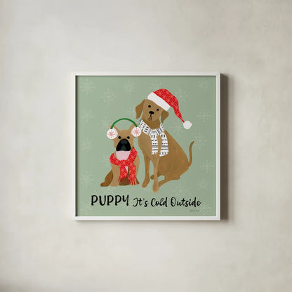 Puppy It's Cold Outside II by Yvette St. Amant. Shown in a crisp white glass frame for a clean and minimalist style. Available as an archival giclee rolled canvas, fine art paper, or poster print. SKU 97558a.