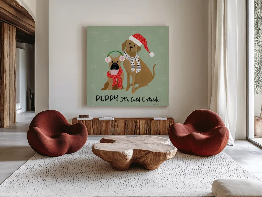 Puppy It's Cold Outside II by Yvette St. Amant. Shown as extra-large giant wall art in a modern living room. Available as an archival giclee rolled canvas, fine art paper, or poster print. SKU 97558a.