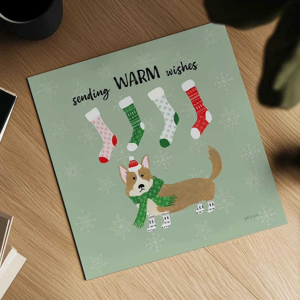 Puppy It's Cold Outside III by Yvette St. Amant. Shown as a detailed flat fine art print, highlighting archival giclee quality. Available as an archival giclee rolled canvas, fine art paper, or poster print. SKU 97559a.