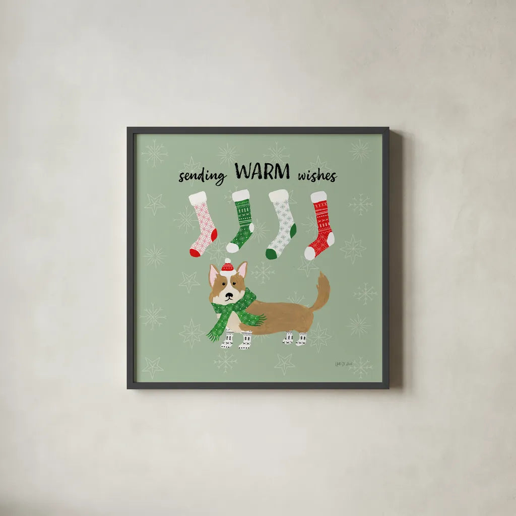 Puppy It's Cold Outside III by Yvette St. Amant. Shown in a sleek black glass frame for a contemporary gallery look. Available as an archival giclee rolled canvas, fine art paper, or poster print. SKU 97559a.