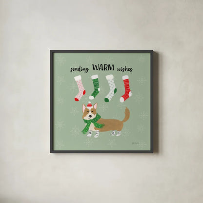 Puppy It's Cold Outside III by Yvette St. Amant. Shown in a sleek black glass frame for a contemporary gallery look. Available as an archival giclee rolled canvas, fine art paper, or poster print. SKU 97559a.