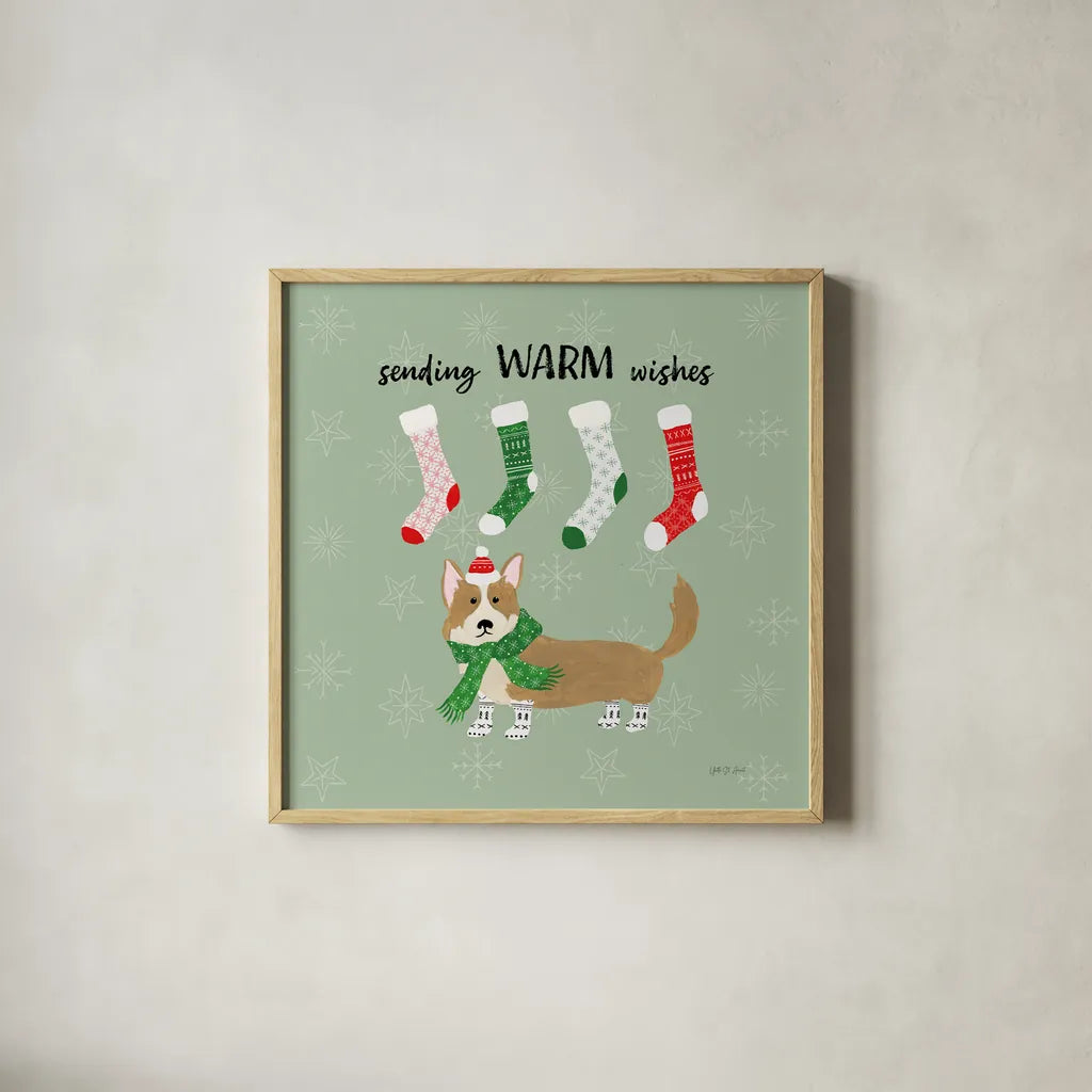 Puppy It's Cold Outside III by Yvette St. Amant. Shown in a natural wood glass frame for a timeless modern aesthetic. Available as an archival giclee rolled canvas, fine art paper, or poster print. SKU 97559a.