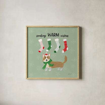 Puppy It's Cold Outside III by Yvette St. Amant. Shown in a natural wood glass frame for a timeless modern aesthetic. Available as an archival giclee rolled canvas, fine art paper, or poster print. SKU 97559a.