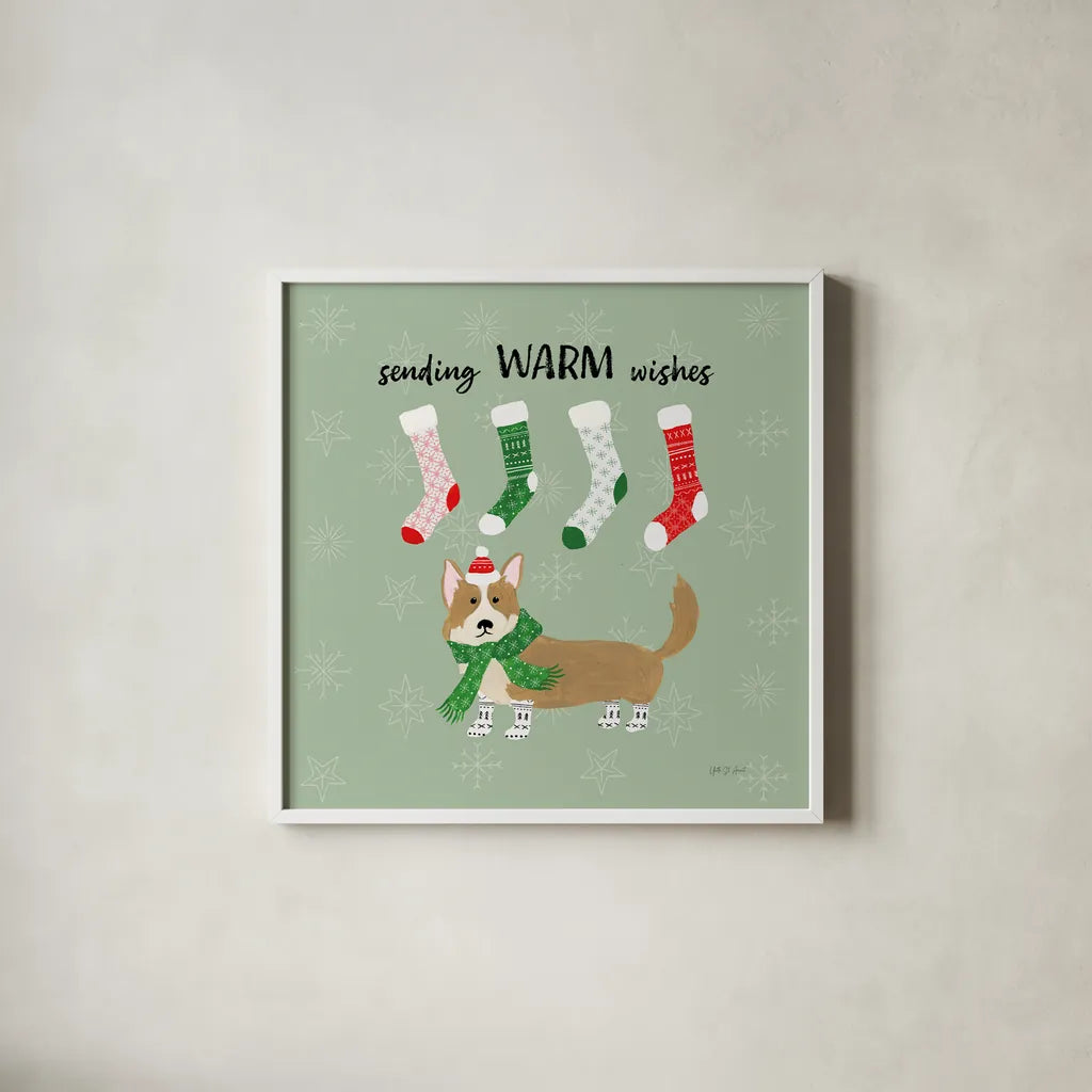 Puppy It's Cold Outside III by Yvette St. Amant. Shown in a crisp white glass frame for a clean and minimalist style. Available as an archival giclee rolled canvas, fine art paper, or poster print. SKU 97559a.