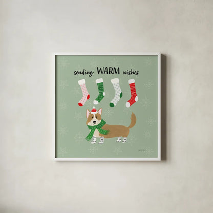 Puppy It's Cold Outside III by Yvette St. Amant. Shown in a crisp white glass frame for a clean and minimalist style. Available as an archival giclee rolled canvas, fine art paper, or poster print. SKU 97559a.