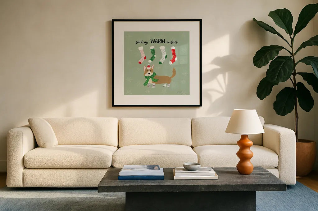 Puppy It's Cold Outside III by Yvette St. Amant. Displayed in a glass frame with matte in a clean modern living room. Available as an archival giclee rolled canvas, fine art paper, or poster print. SKU 97559a.