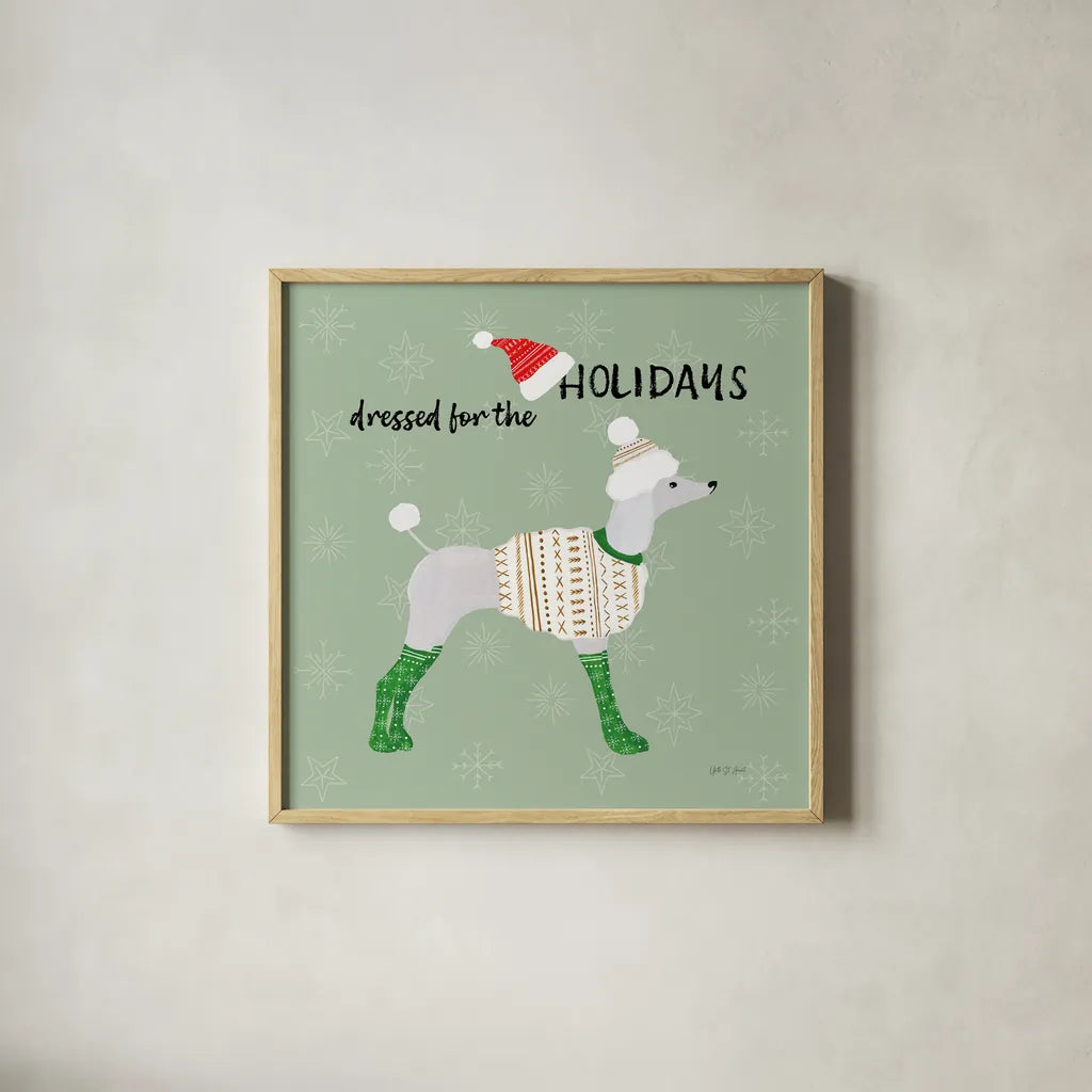 Puppy It's Cold Outside IV by Yvette St. Amant. Shown in a natural wood glass frame for a timeless modern aesthetic. Available as an archival giclee rolled canvas, fine art paper, or poster print. SKU 97560a.