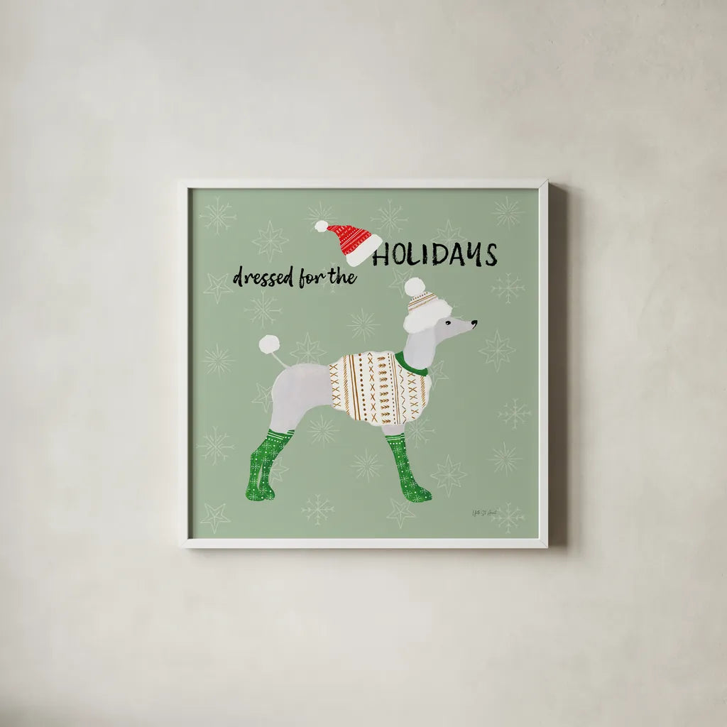 Puppy It's Cold Outside IV by Yvette St. Amant. Shown in a crisp white glass frame for a clean and minimalist style. Available as an archival giclee rolled canvas, fine art paper, or poster print. SKU 97560a.