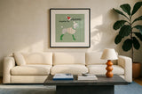 Puppy It's Cold Outside IV by Yvette St. Amant. Displayed in a glass frame with matte in a clean modern living room. Available as an archival giclee rolled canvas, fine art paper, or poster print. SKU 97560a.