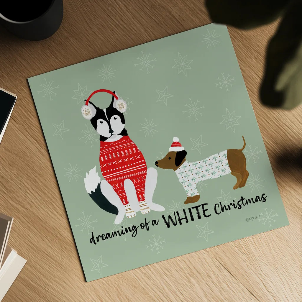 Puppy It's Cold Outside V by Yvette St. Amant. Shown as a detailed flat fine art print, highlighting archival giclee quality. Available as an archival giclee rolled canvas, fine art paper, or poster print. SKU 97561a.