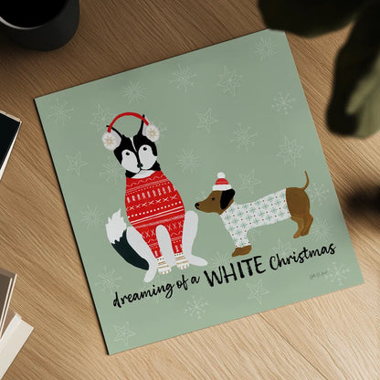 Puppy It's Cold Outside V by Yvette St. Amant. Shown as a detailed flat fine art print, highlighting archival giclee quality. Available as an archival giclee rolled canvas, fine art paper, or poster print. SKU 97561a.
