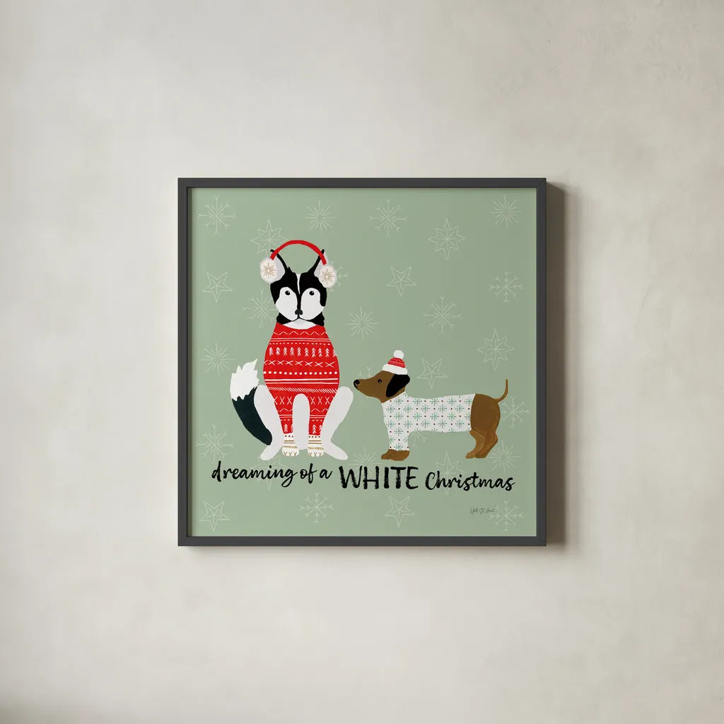 Puppy It's Cold Outside V by Yvette St. Amant. Shown in a sleek black glass frame for a contemporary gallery look. Available as an archival giclee rolled canvas, fine art paper, or poster print. SKU 97561a.