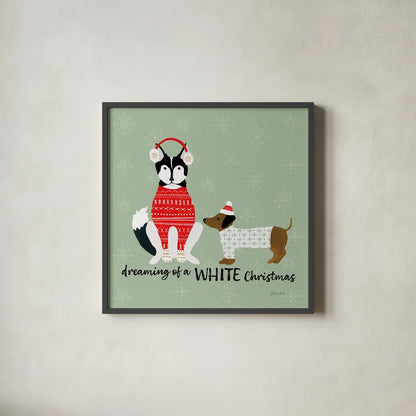 Puppy It's Cold Outside V by Yvette St. Amant. Shown in a sleek black glass frame for a contemporary gallery look. Available as an archival giclee rolled canvas, fine art paper, or poster print. SKU 97561a.